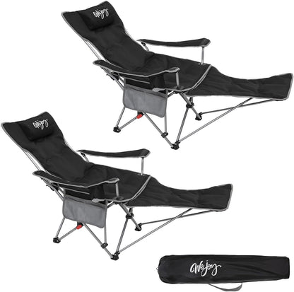 #WEJOY 2-in-1 campingstoel, opvouwbaar met voetensteun, gevoerde ligstoel met verstelbare rugleuning, relaxstoel, ligstoel met bekerhouder, ligstoel voor outdoor, camping, zwart, set van 2