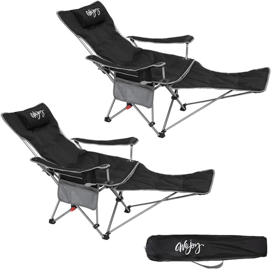 #WEJOY 2-in-1 campingstoel, opvouwbaar met voetensteun, gevoerde ligstoel met verstelbare rugleuning, relaxstoel, ligstoel met bekerhouder, ligstoel voor outdoor, camping, zwart, set van 2