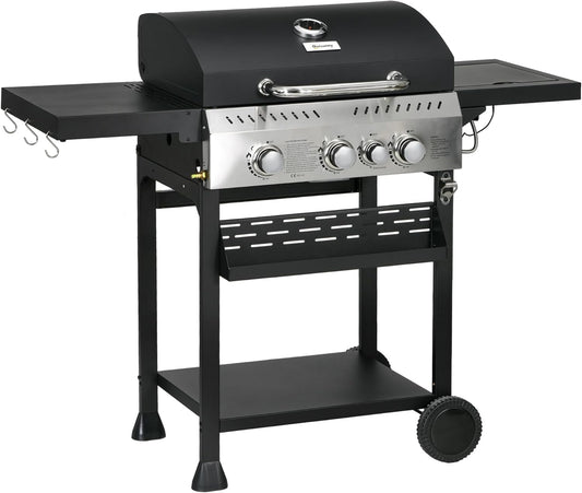 Outsunny Gas Grill 3 KW 3+1 Brenner BBQ Grillwagen aus Edelstahl inkl Seitenbrenner Thermometer Grillrost Kochfeld Flaschenöffner Seitenablagen Gas-Grill für Balcony Camping 123 x 52 x 101 cm - QUORE