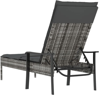 Sun Lounger with Poly Rattan Cushion with Grey Cushion, Outdoor Sun Lounger, Sun Lounger, Garden Bed, Outdoor, Beach Chair - QUORE