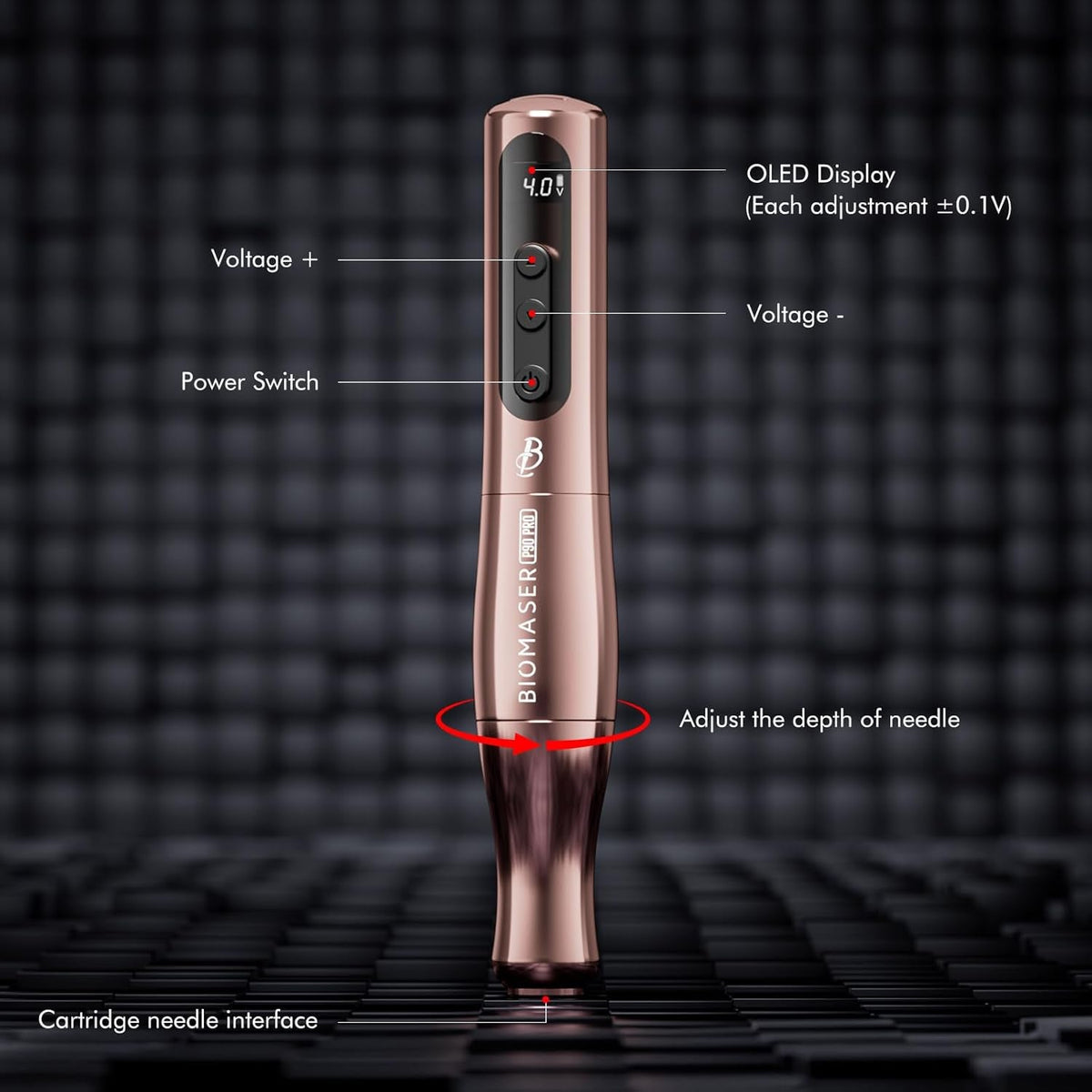 Biomaser P90 PRO Semi-permanente make-upmachine, draadloze en bekabelde make-upmachine voor wenkbrauwen, eyeliner en lippen (roségoud)