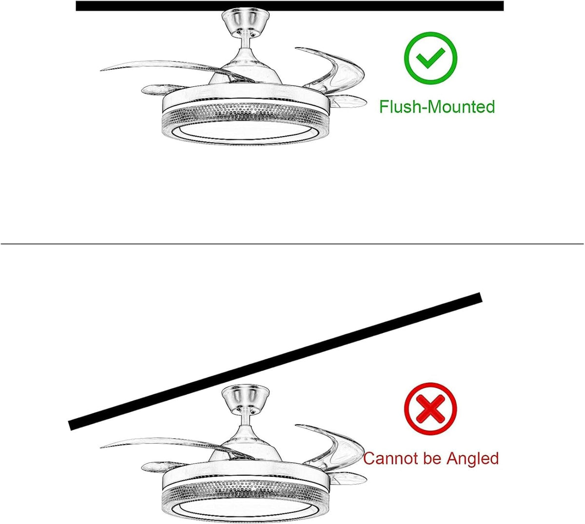 Horevo Plafondventilator met LED-verlichting Intrekbare plafondventilator met afstandsbediening, 42-inch onzichtbare bladen verborgen ventilator, ingebouwde dimbare plafondlamp en Bluetooth-luidspreker voor slaapkamer Woonkamer Eetkamer