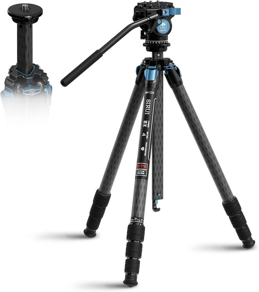 SIRUI AM-124 Koolstofvezel statief met AM-5VX vloeistofkop, 65 inch compact videocamerastatief voor reizen, driehoekige middenkolom, zijlader QR-plaat, waterdicht draaislot, belastingen 3 kg