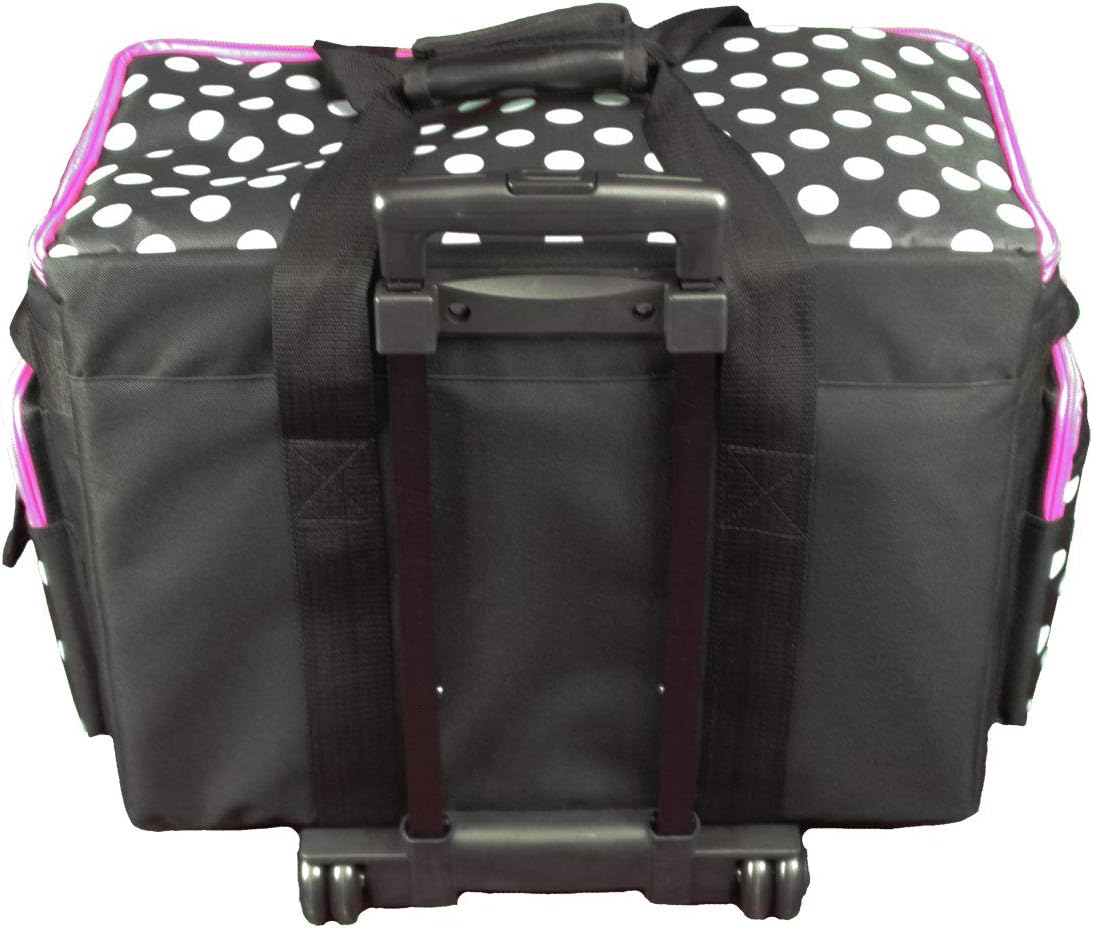 Trolleytas voor naaimachine met wielen – Naaimachinetas – Transporttas – Opbergtas – Beschermtas – Zwart met Witte Stippen en Roze Rand – 53 x 41 x 29 cm – Dubbele Wielen en Uitschuifbare Vergrendelbare Telescoopgreep
