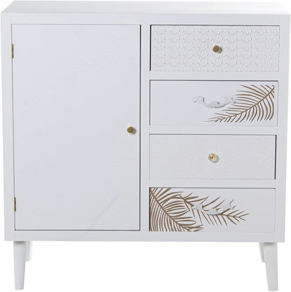 DRW Dressoir met 1 deur en 4 laden van hout met reliëf lemmet in wit en goud 80 x 40 x 80 cm