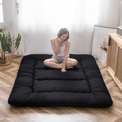 Maxyoyo Japanese Floor Mattress, Futon Mattress, Thicken Tatami Mat, Sleeping Pillow, Foldable, Roll-Up Mattress, Dormitory, Mattress, Floor Lounger, Pillow, Bed(Black, Double)