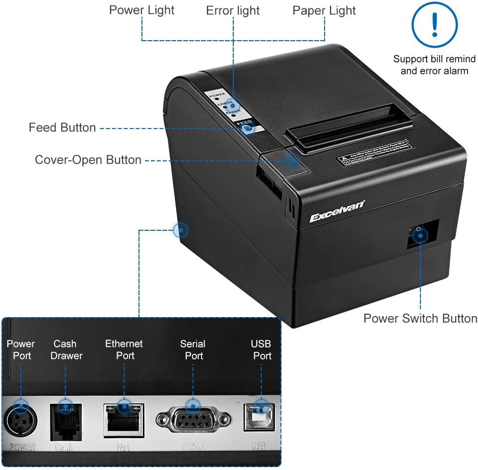 Excelvan Thermische printer, 80 mm, 300 mm/s, hoge snelheid, draagbaar, automatisch, met seriële poort, USB-poort, ladedeur, voor restaurant ESC/POS Shop