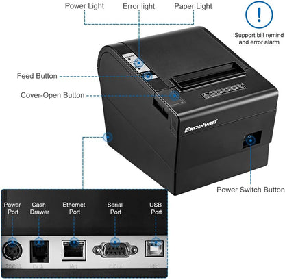 Excelvan Thermische printer, 80 mm, 300 mm/s, hoge snelheid, draagbaar, automatisch, met seriële poort, USB-poort, ladedeur, voor restaurant ESC/POS Shop
