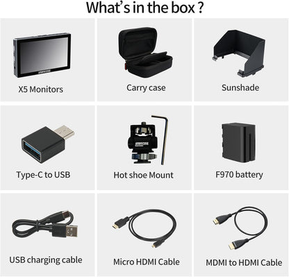 ANDYCINE X5 5.5 Inch Touch Screen 1200 Nits Brightness Aluminum Case DSLR Camera Monitor, 4K HDMI Input and Output with 3D-LUT, All Waveforms Including F970C, Carrying Case, Micro HDMI Cable - QUORE