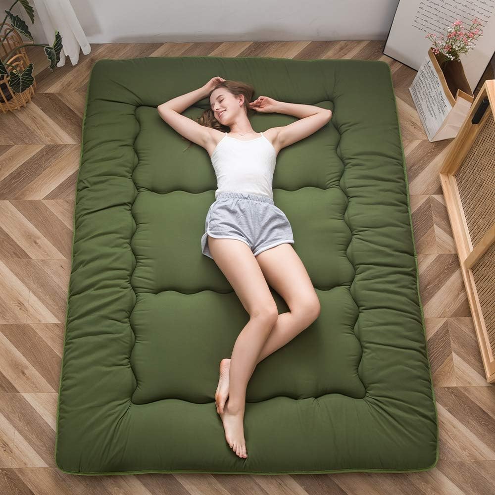 MAXYOYO Japanese Futon Floor Mattress, Thicken Tatami Mat, Sleeping Mat, Folding Roll Up Dormitory Reclining Lounger, Cushion Bed (Green, Double)