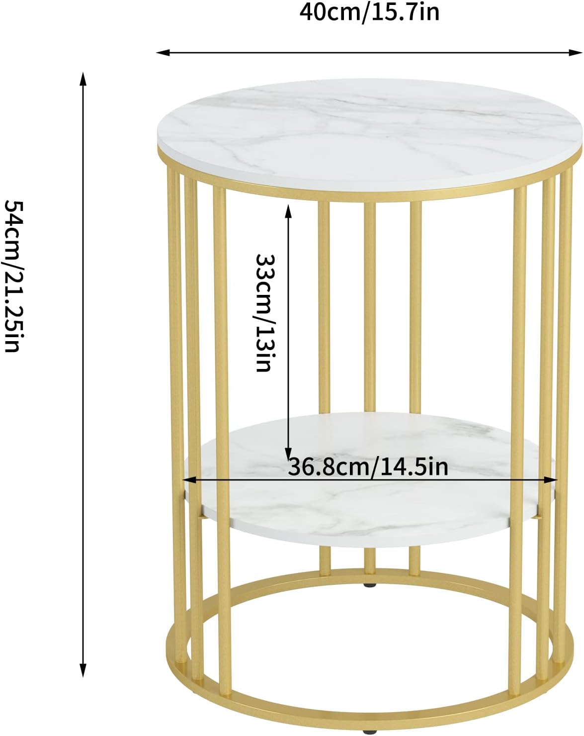 Marmeren Top Bijzettafel Goud: Kleine Ronde Eindtafels 40 x 54 cm Gesinterde Steen Nachtkastje met Metalen Gouden Poten Moderne Witte Nachtkast 2-laags Ronde Sofa Salontafel voor Slaapkamer Woonkamer