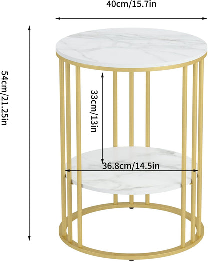 Marmeren Top Bijzettafel Goud: Kleine Ronde Eindtafels 40 x 54 cm Gesinterde Steen Nachtkastje met Metalen Gouden Poten Moderne Witte Nachtkast 2-laags Ronde Sofa Salontafel voor Slaapkamer Woonkamer