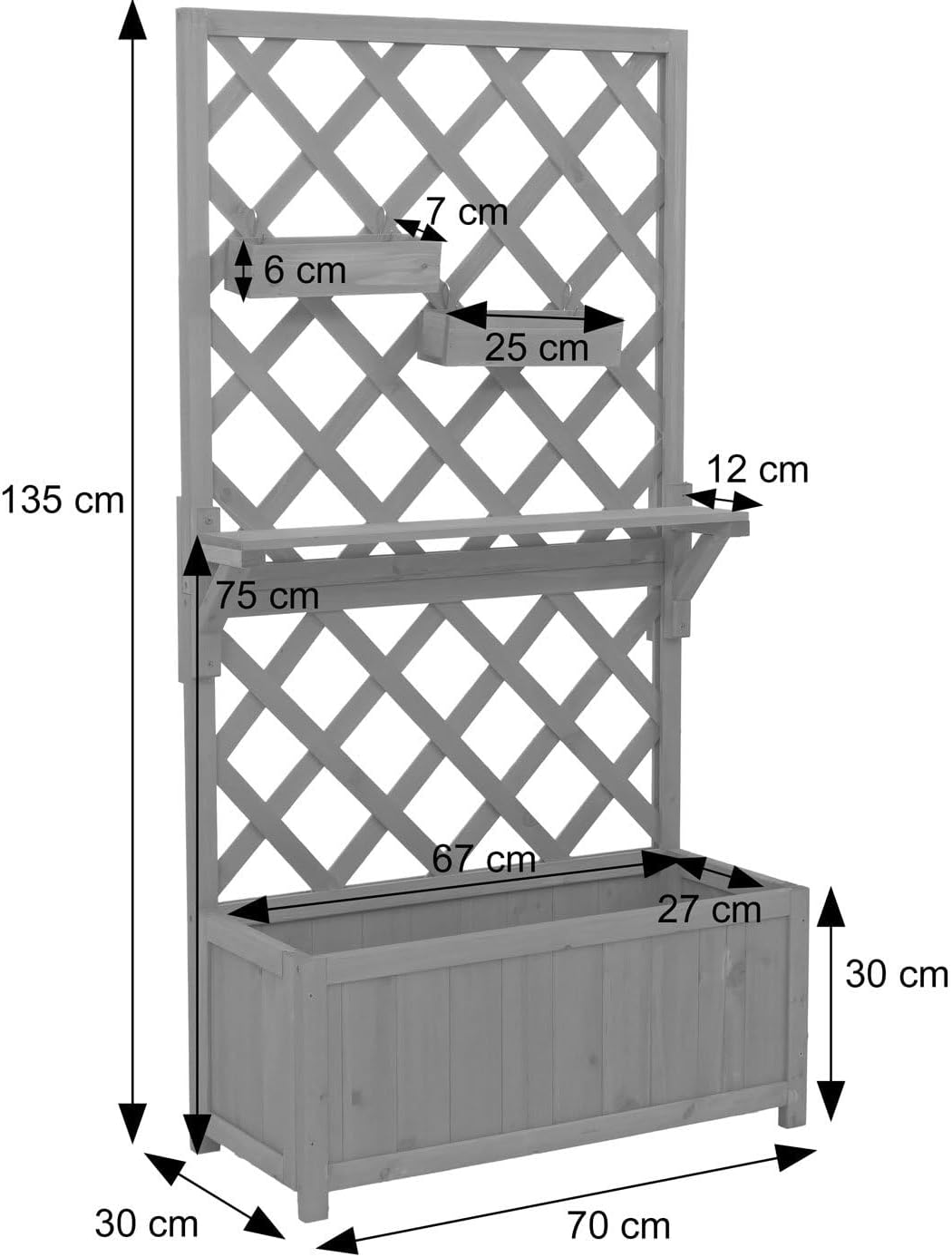 HWC-P68 Raised Flower Bed Planter / Flower Box Climbing Aid Shelf Hanging Boxes Wood MVG 135 x 70 x 30 cm Anthracite Grey - QUORE