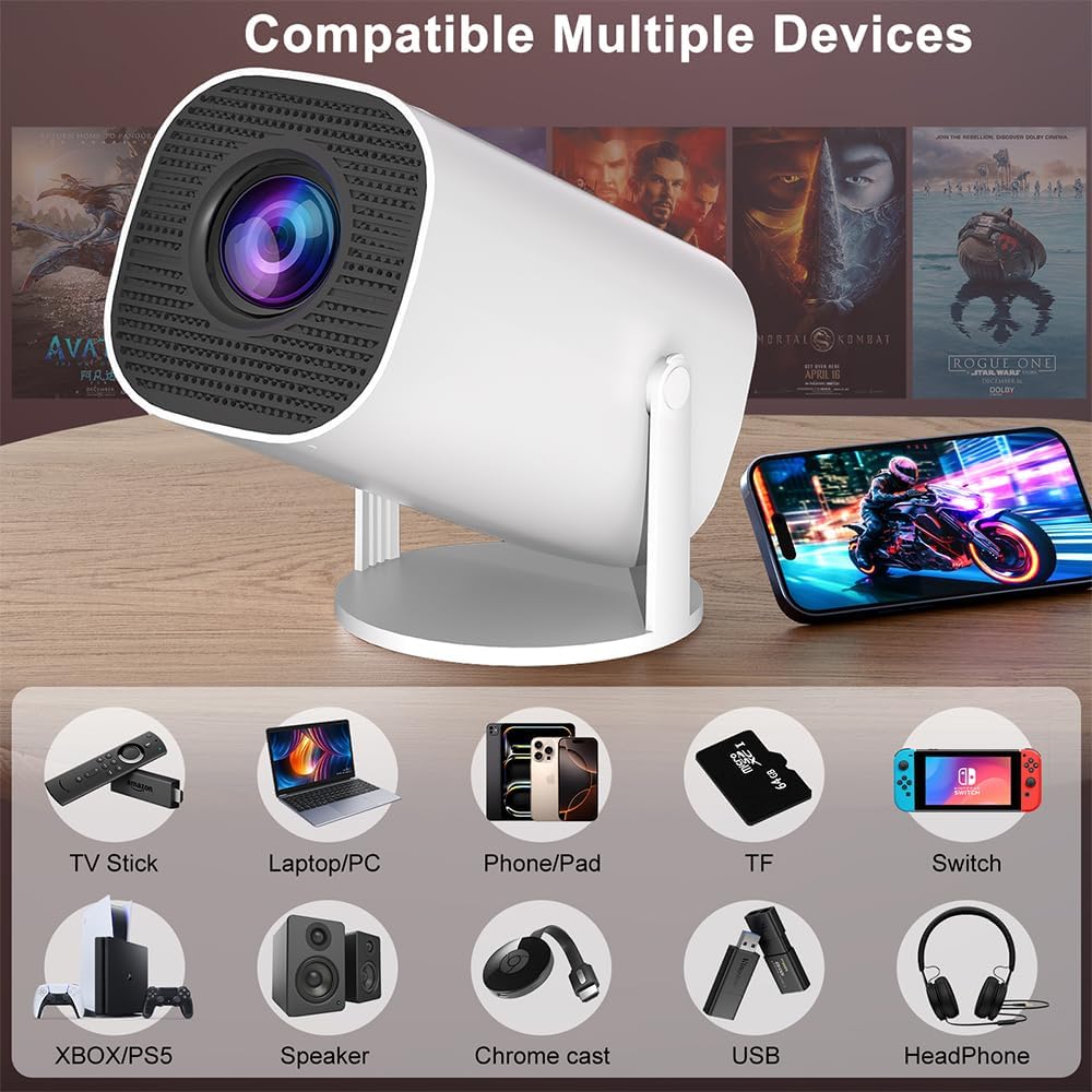 Mini-beamer, smart projector Full HD 1080P, kleine beamer, thuisbioscoop met wifi 6 en Bluetooth 5.2, ondersteunt automatische trapeziumcorrectie, 180 graden draaibaar, compatibel met HDMI/tv-stick