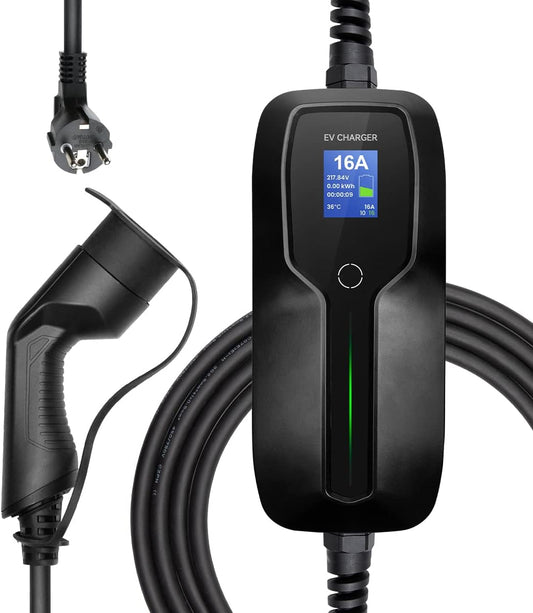 Morec Type 2 draagbare EV oplaadkabel schakelbare laaddoos 10 / 16A oplader met scherm Schuko 2 pin EV laadstation IEC 62196-2 elektrische auto EVSE (Euro stekker) 6.5m / 21.3ft
