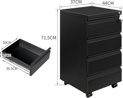 Rolkast, afsluitbare archiefkast met 4 sleutels, metalen kantoorkast, archiefkast onder bureau, met 4 laden, voorgemonteerd, afsluitbaar, kantoor, zwart