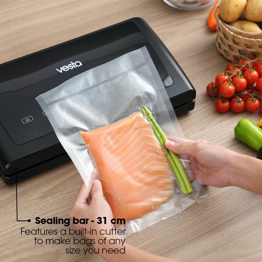 Vesta Precision Vakuum-Versiegelungsgerät – Vacn Seal Elite met 31 cm Sealbalk | 8,9x38x19,9cm Inclusief Verpakkingszakken, Zwarte kleur | Eenvoudige Huishoudelijke Vacuümsealer