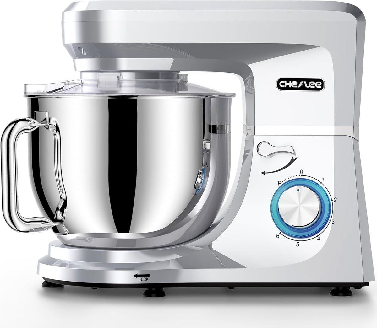 CHeflee Keukenmachine, 1800 W, krachtige kneedmachine, met kneed- en roerfunctie, 6 snelheden, geluidsarme deegkneedmachine, 7,2 liter, roestvrijstalen kom, deeghaak en garde, spatbescherming