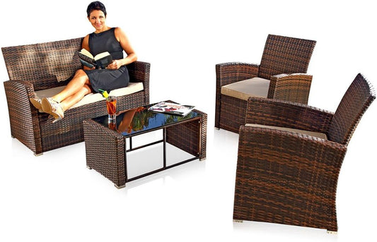 Melko Poly Rattan Set of 4 in Brown, Garden Furniture Lounge Furniture Dining Group, Includes Seat Cushions - Garden, Balcony, Patio - QUORE