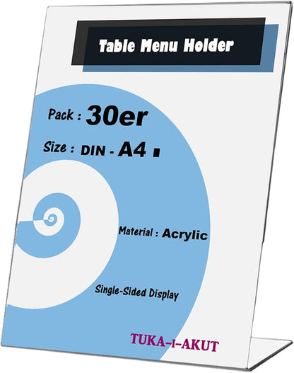 A4 Acryl Displaystandaards – Tekenhouder – Posterhouder – Menuhouder – Kaarthouder – 30X A4 Portret – Helder Acryl 2,5 Mm – Schuin L-Vormig, Vrijstaand