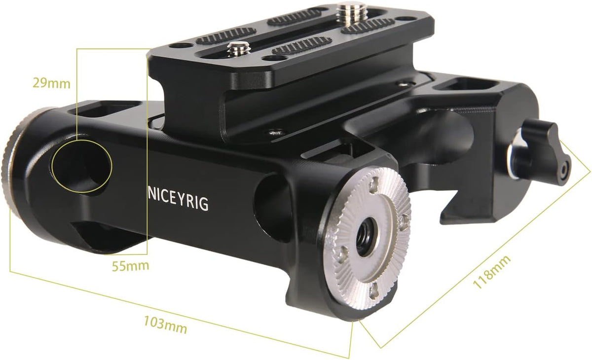 Multifunctionele camera-basisplaat met 15 mm stangrailklem, NICEYRIG universele camera-grondplaat met 2 Arri standaardversnellingen en 15 mm railbevestiging voor DSLR-installatiesysteem-513