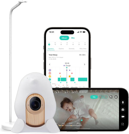CuboAi 2025 Nieuw Model Slimme Babyfoon 3: Slaapveiligheidsmeldingen voor Bedekt Gezicht & Omrollen, 2.5K QHD Nachtzicht Camera, 2-Way Audio, Vochtigheidssensor, Slaapliedjes (Vloerstatief Set)