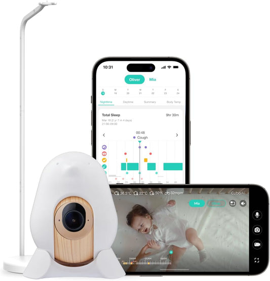 CuboAi 2025 Nieuw Model Slimme Babyfoon 3: Slaapveiligheidsmeldingen voor Bedekt Gezicht & Omrollen, 2.5K QHD Nachtzicht Camera, 2-Way Audio, Vochtigheidssensor, Slaapliedjes (Vloerstatief Set)