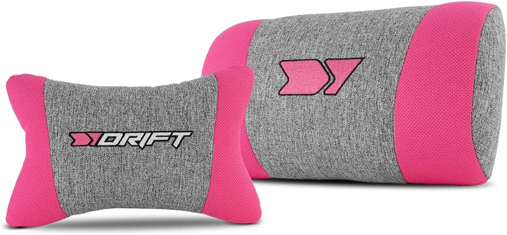 DRIFT Gaming Chair DR90 -DR90GP - Professionele Gaming Stoel, ademende stof, gestoffeerde 2D armleuningen, versterkte nylon basis, klasse 4 zuiger, kantelbaar, lumbaal/cervicaal kussen, grijs/roze