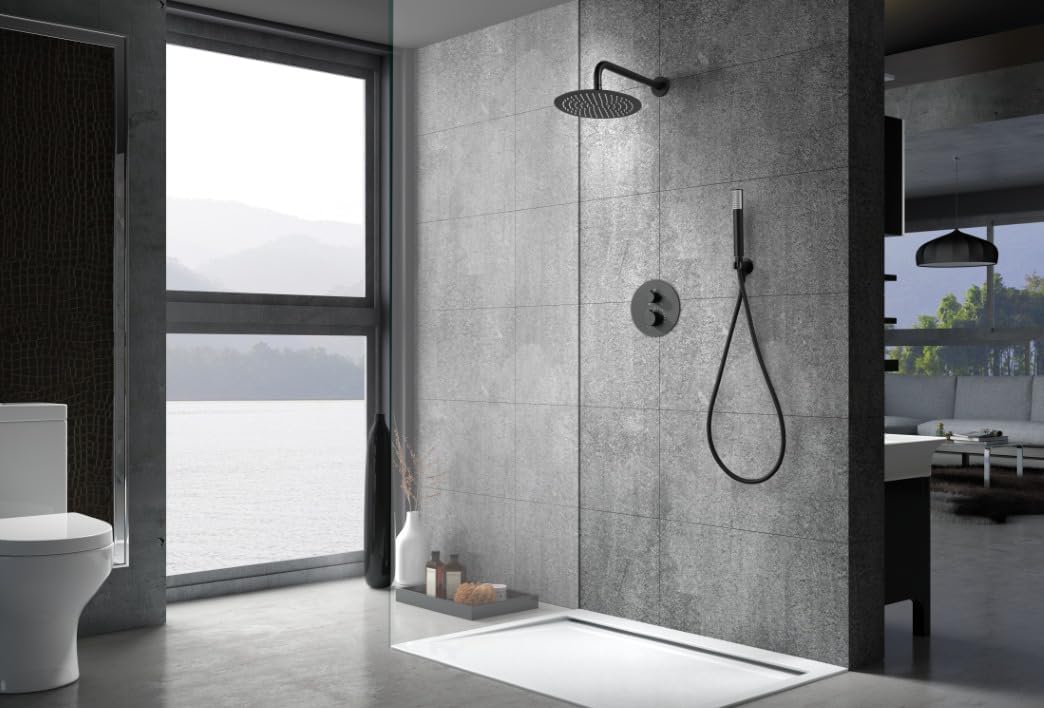 Thermostatische Douche Set – Douchekraan – Hoofddouche – Handdouche – Douchethermostaat – Mat Zwart – Extra Grote 25 cm Hoofddouche – RVS & Messing