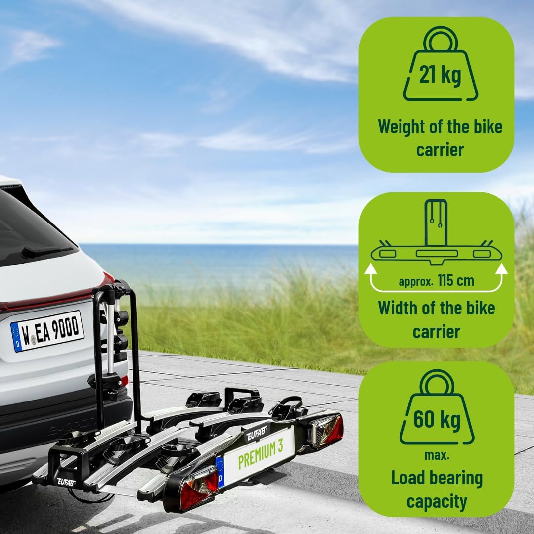 EUFAB 11522 PREMIUM 3 Bicycle Rack for Towbar, Foldable, for 3 Bikes - QUORE