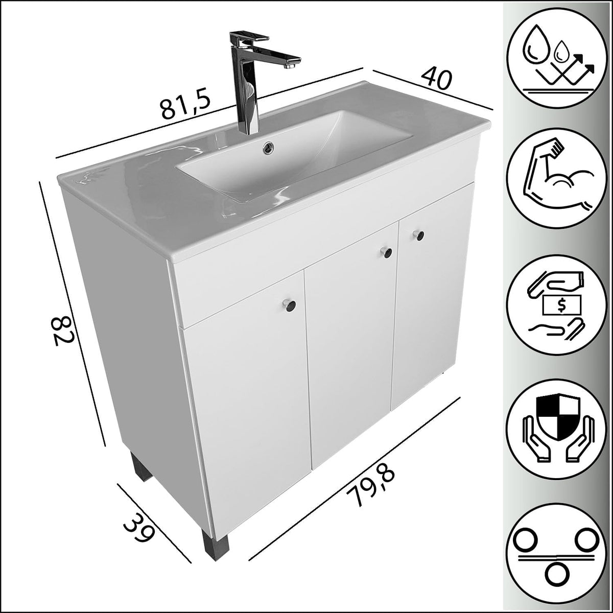 IGA washbasin with base cabinet - 80 x 84 x 40 cm basin with base cabinet for the bathroom - bathroom furniture set white high gloss - QUORE