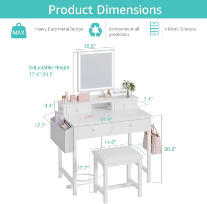 Witte make-uptafel met spiegel en verlichting, make-uptafel set voor kleine meisjes met stoel, make-upcommode met laden en stopcontact voor slaapkamer, klein