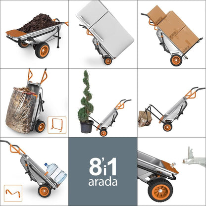 Kruiwagen - Steekwagen - 8-in-1 functie - met Massief Rubberen Banden - Tuinkar - Draaghulp - Vuilniszakhouder - Compact - voor Binnen  - Buiten - 106.5 x 46 x 30.5 cm - Zilver