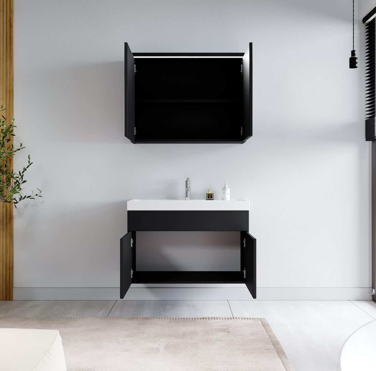 Paso 02 bathroom furniture set, 80 cm, washbasin, matt black, base cabinet, cabinet, sink, mirror cabinet, cabinet - QUORE