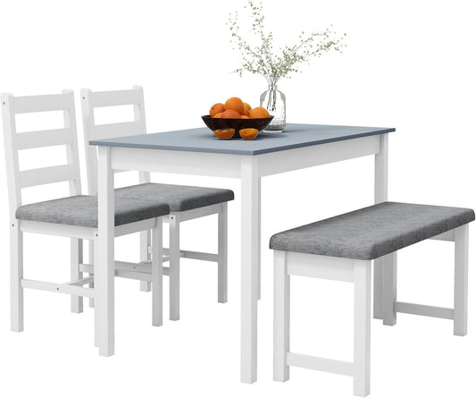HOMCOM Dining Set Dining Table with 2 Upholstered Chairs, Sofa, 4-Piece Dining Table Set, Linen Look Dining Set for Kitchen, Living Room, Pine Wood, Grey, White - QUORE