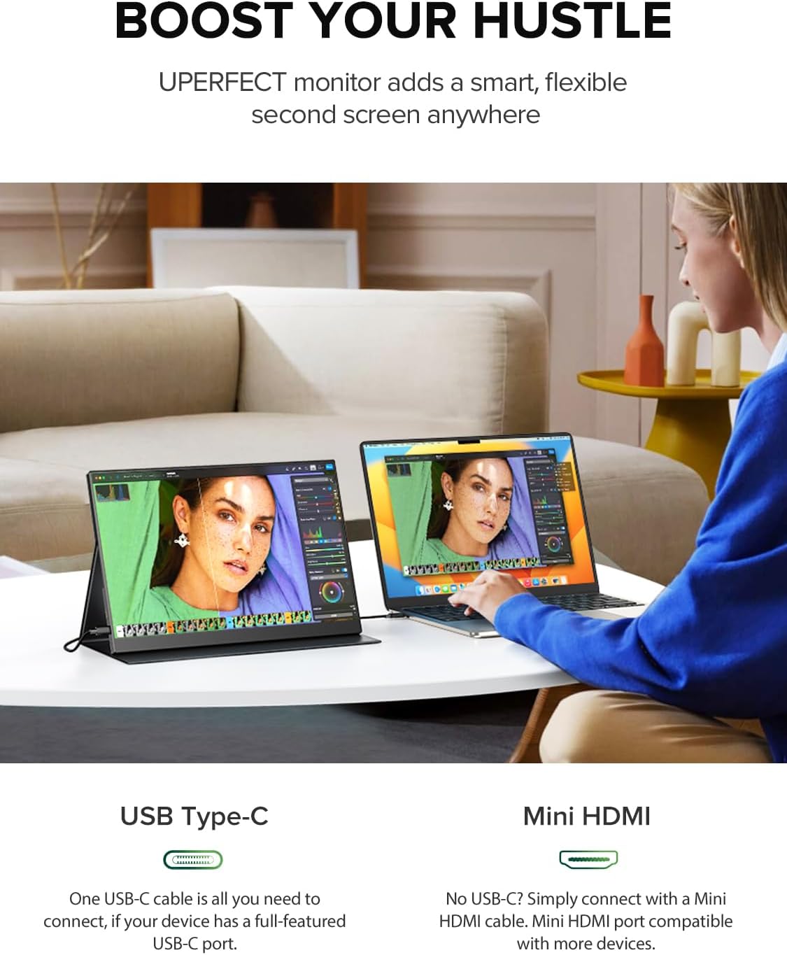 UPERFECT 4K Portable Monitor, 14.5" UHD 3840x2400 Laptop Display with Smart Cover, 16:10 Matte IPS Screen, 100% sRGB, 1.06 Billion Colors, 500 Nits Brightness, Metal Frame for PC/Mac/Phone - QUORE