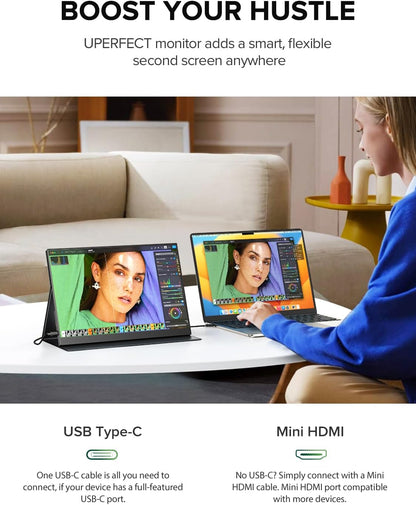 UPERFECT 4K Portable Monitor, 14.5" UHD 3840x2400 Laptop Display with Smart Cover, 16:10 Matte IPS Screen, 100% sRGB, 1.06 Billion Colors, 500 Nits Brightness, Metal Frame for PC/Mac/Phone - QUORE