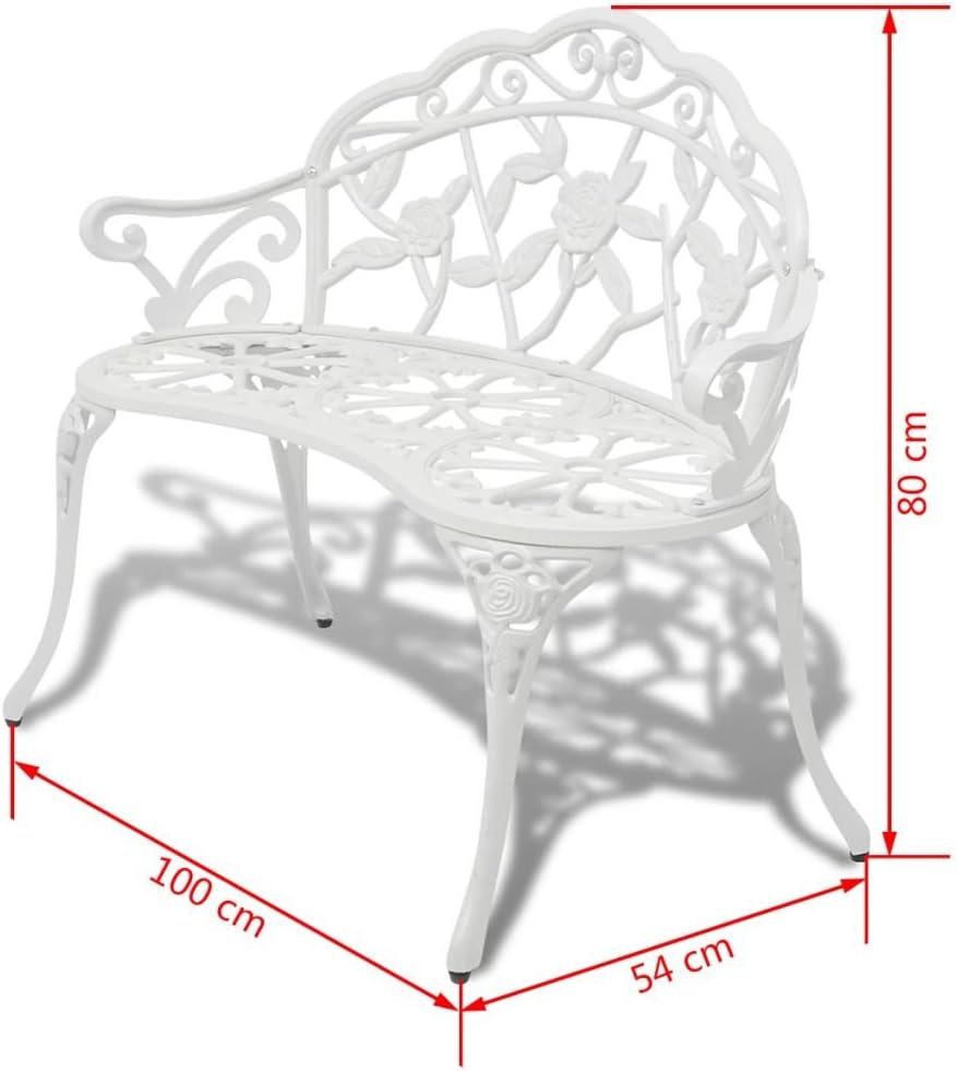 Tidyard 2-Seater Garden Bench with Floral Pattern for 2 People in Roll-Work Style Cast Aluminium White 100 x 54 x 80 cm - QUORE