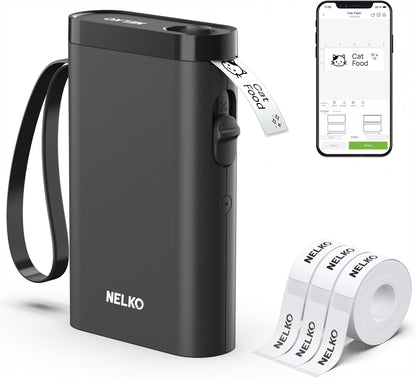 Nelko P21 Draagbare Bluetooth-labelmaker, draadloze stickerprinter met meerdere sjablonen voor thuiskantoororganisatie en opslaglocatie, met 3 rollen thermische tape (14 x 40 mm), zwart