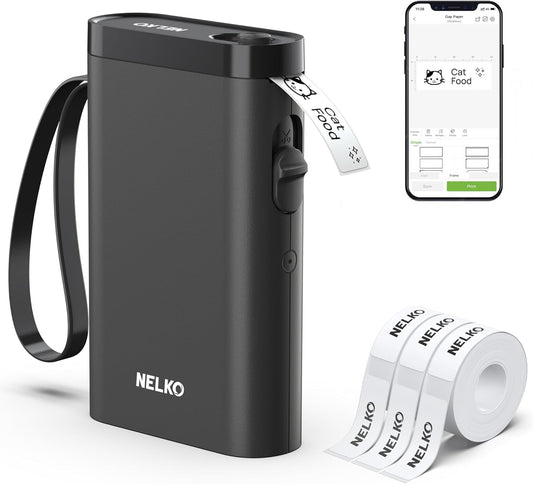 Nelko P21 Draagbare Bluetooth-labelmaker, draadloze stickerprinter met meerdere sjablonen voor thuiskantoororganisatie en opslaglocatie, met 3 rollen thermische tape (14 x 40 mm), zwart