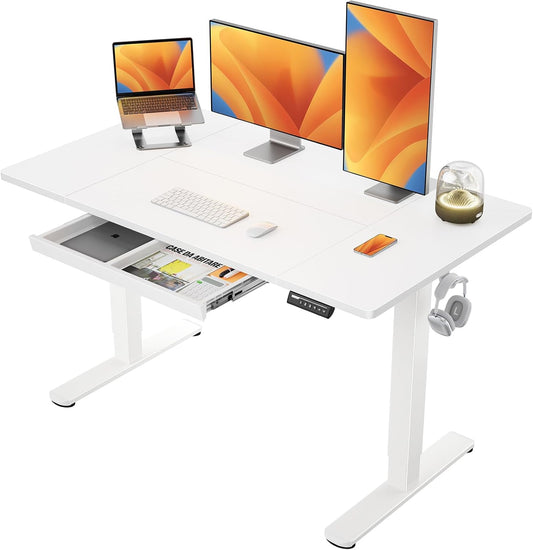 ErGear Elektrisch Zit-Sta Bureau 140 x 80 cm, met Gemakkelijk Glijdende Lade & 4 Geheugen Smart Paneel, T-poot Ontwerp, Verdeelplaat, Wit Frame & Oppervlak