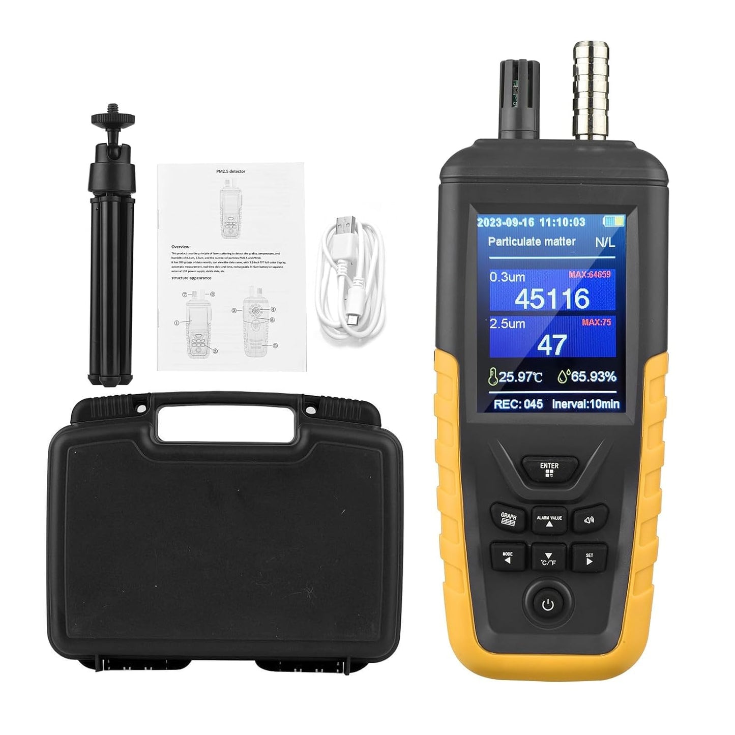 Luchtkwaliteitsmonitor, CO2 Meter PM0.3/2.5/10um Deeltjesmonitor, zeer Gevoelige 3-Kanaals 0~1000μg/m³USB Oplaadbare Temperatuur- en Vochtigheidsmonitor