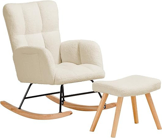 Schommelstoel – Relaxstoel – Fauteuil – Loungestoel – Ruststoel – Beige Met Voetensteun – Zacht Pluche – Ergonomisch Design Met Hoog Draaggewicht 150 kg