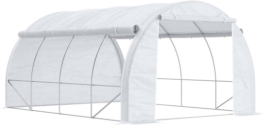 Outsunny Greenhouse 12 m2 dim. 4L x 3W x 2H m with door + side walls with zip, roll-up, 8 windows, high-density PE steel 140 g/m², UV protection, white - QUORE