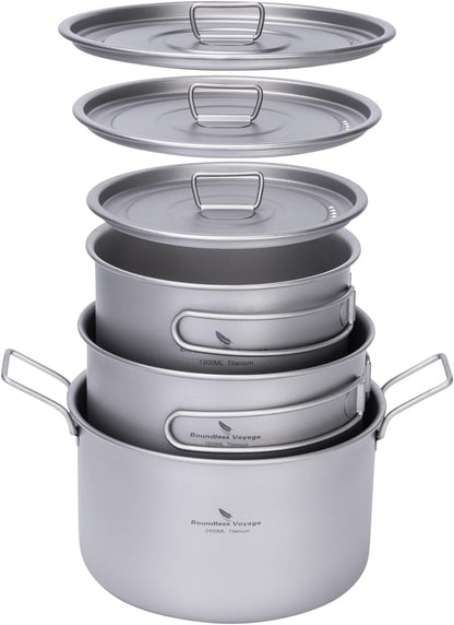 iBasingo Camping Kookpot Set 1.2L & 1.8L & 2.4L Outdoor Titanium Kookgerei Saus Pot Solo Hot Pot Lichtgewicht Draagbare Reizen Steelpan Koken Kit Backpacken Apparatuur Ti2109C