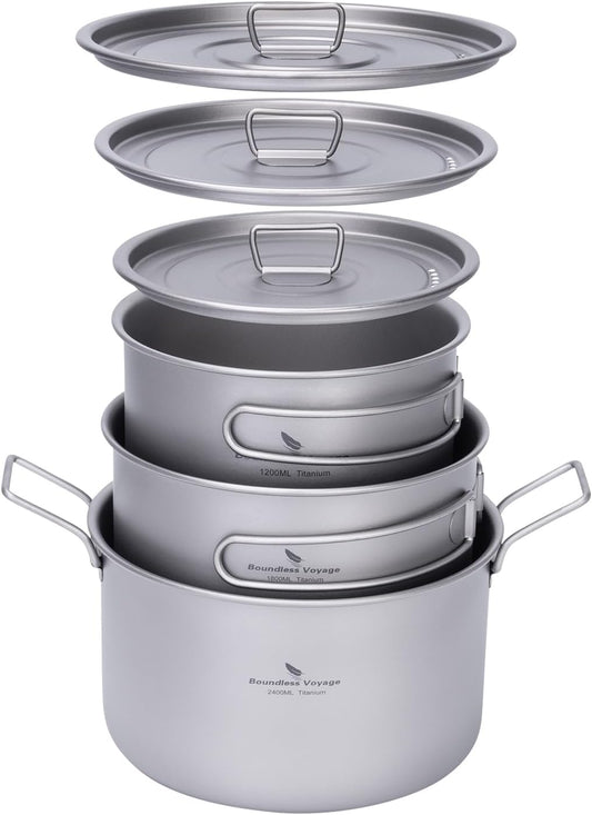 iBasingo Camping Kookpot Set 1.2L & 1.8L & 2.4L Outdoor Titanium Kookgerei Saus Pot Solo Hot Pot Lichtgewicht Draagbare Reizen Steelpan Koken Kit Backpacken Apparatuur Ti2109C