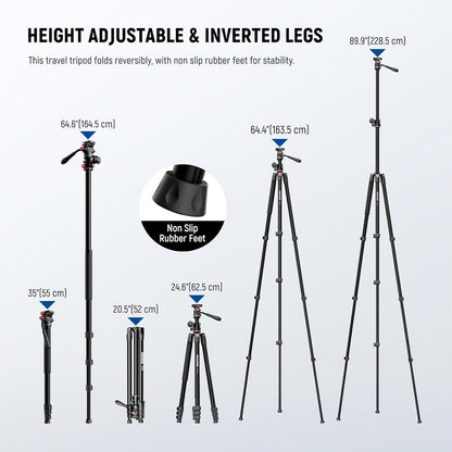 NEEWER Horizontaal monopod statief voor camera met vloeibare kop en flexibele middenkolom, 228 cm hoge metalen DSLR-video-reishouder, Arca-QR-code en omgekeerde voeten, belasting 6 kg, TP64