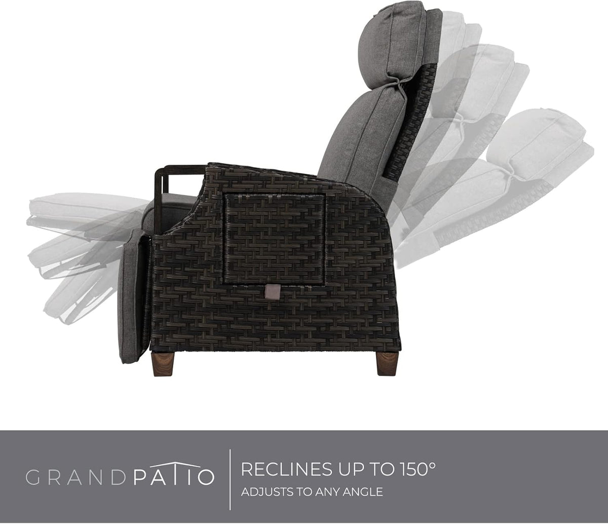 Grand patio Recliner Lounger with Seat Cushion Armrest Chair Adjustable Backrest Rattan Sun Lounger for Indoor Outdoor Use Dark Grey Dark Grey Seat Cushion and Brown Rattan - QUORE