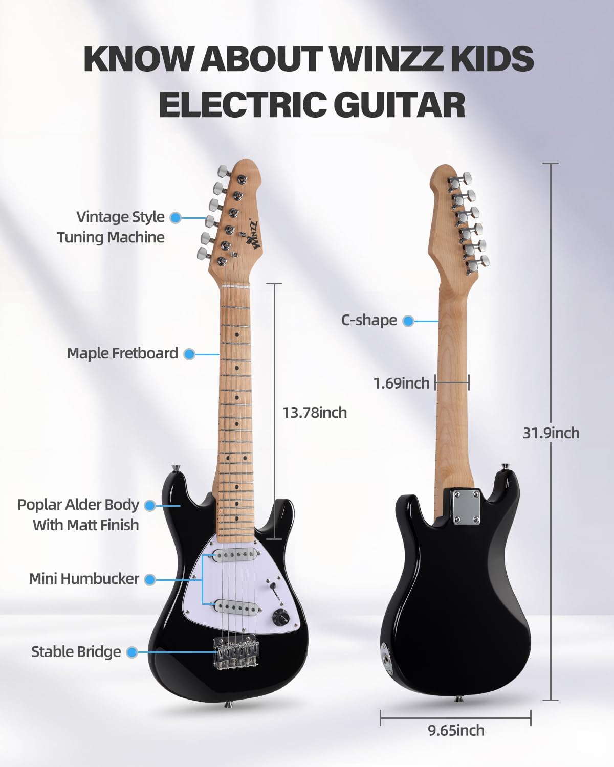Winzz 30 Inch Kids Elektrische Gitaar Beginner Kit, Junior 1/4 Size Mini Elektrische Gitaar voor Kinderen Complete Stater Set met Amp, Gloosy Zwarte Kleur