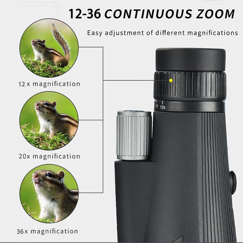 Monoculaire telescoop, 12-36 x 60 ED zoom, monoculair nachtzicht (24 mm oculair + 60 mm lens), waterdicht, met BAK4 prisma & FMC-lens met adapter en statief voor klimmen, balspellen, observatie van